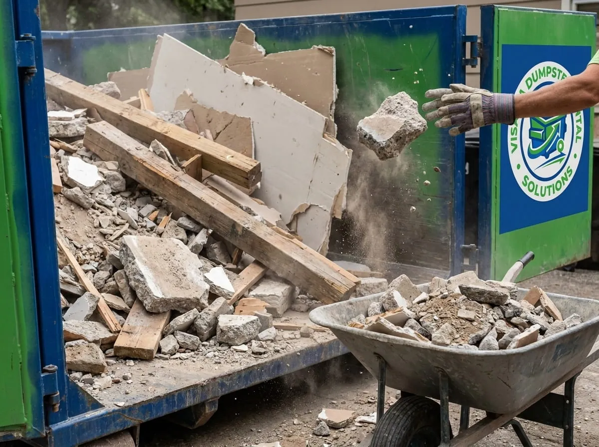 Close-up of concrete rubble being loaded into a roll-off container by hand