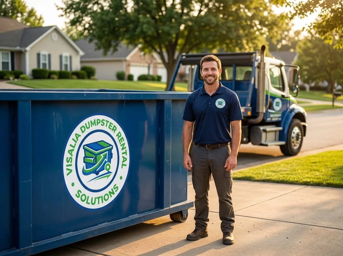 The Visalia Dumpster Rental Solutions crew standing beside a roll-off truck and red dumpster in Visalia, CA The Visalia Dumpster Rental Solutions crew standing beside a roll-off truck and red dumpster in Visalia, CA