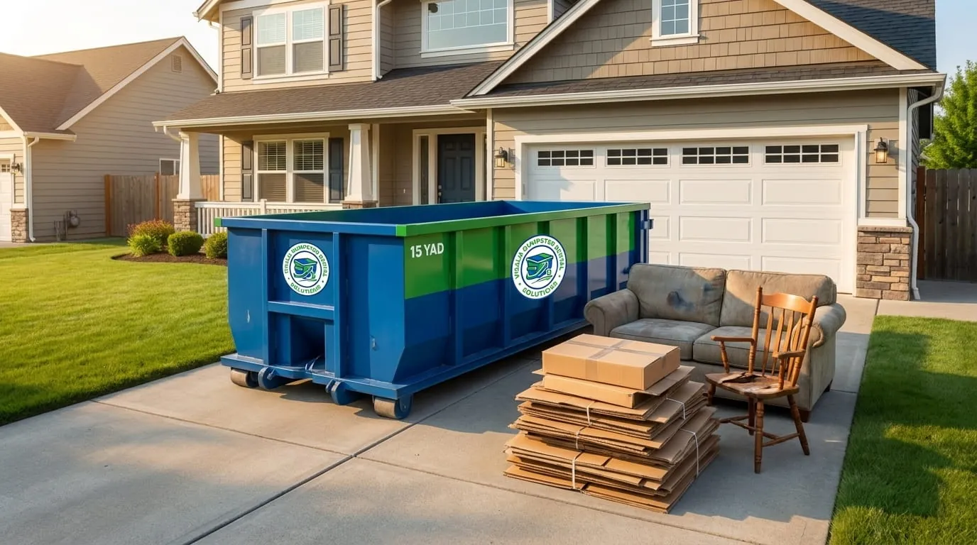Roll-off container with furniture alongside during a cleanout in Visalia, California