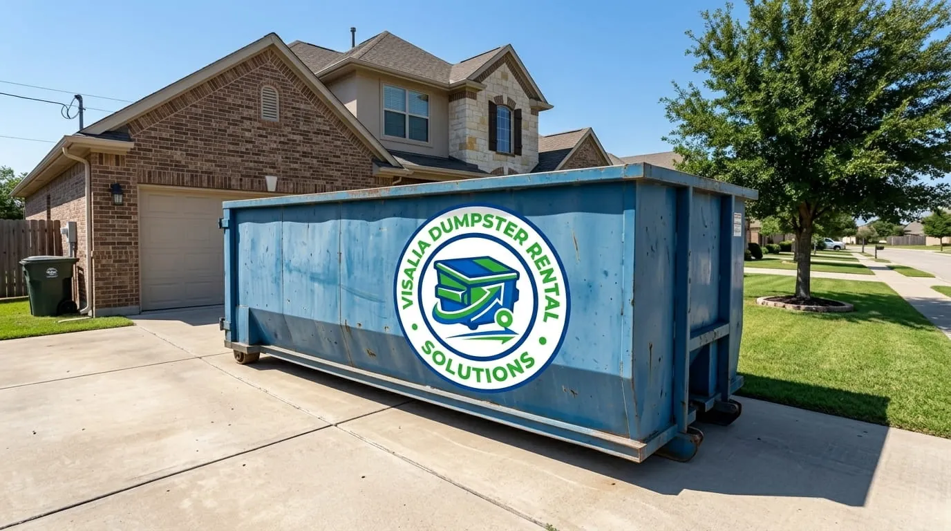Roll-off dumpster on a residential driveway in Visalia, California Roll-off dumpster on a residential driveway in Visalia, California