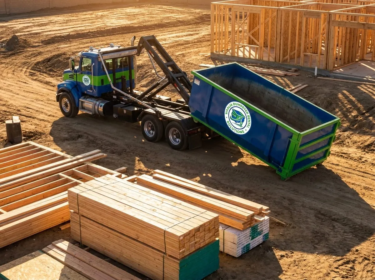 Roll-off truck placing a container at a Visalia, California building site
